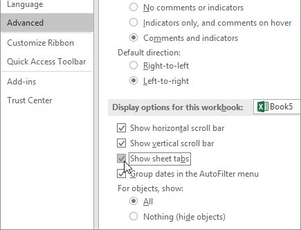 cách show sheet tabs trong Excel