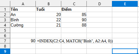kết quả ví dụ hàm match và index 1 điều kiện