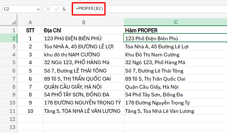 Sử dụng hàm PROPER định dạng địa chỉ