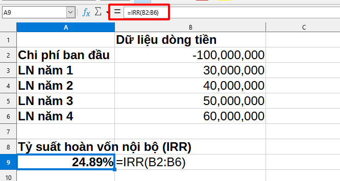 công thức hàm IRR và kết quả