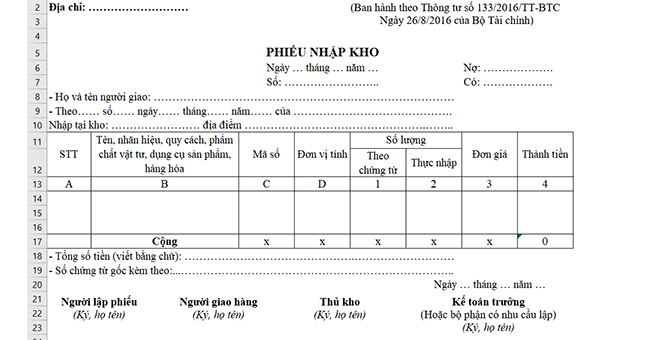 Tải ngay mẫu phiếu nhập kho (file Word, Excel) theo Thông tư 133