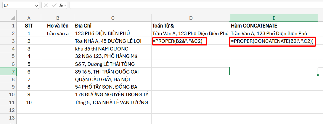 sử dụng hàm PROPER kết hợp với hàm CONCATENATE