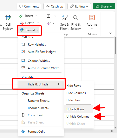 cách unhide trong excel