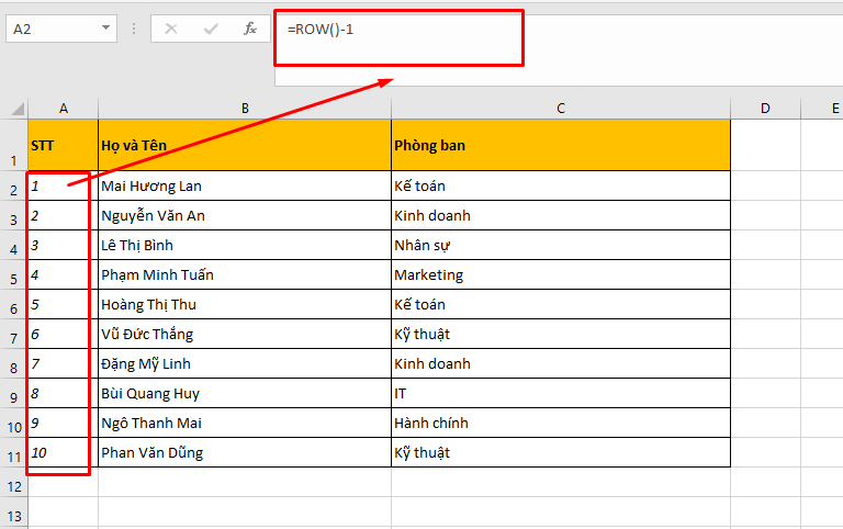 Dùng hàm ROW để đánh số thứ tự tự động