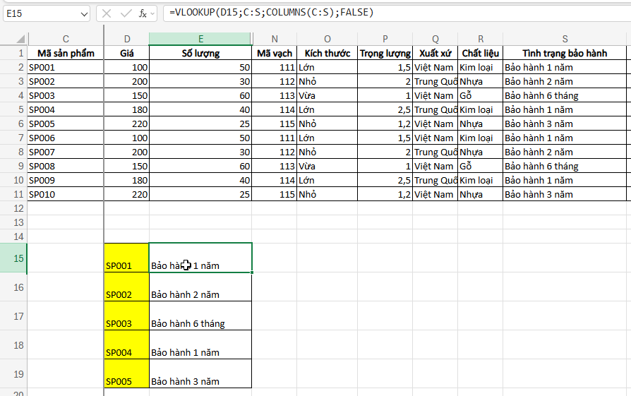 Kết hợp hàm VLOOKUP với hàm COLUMNS trong excel