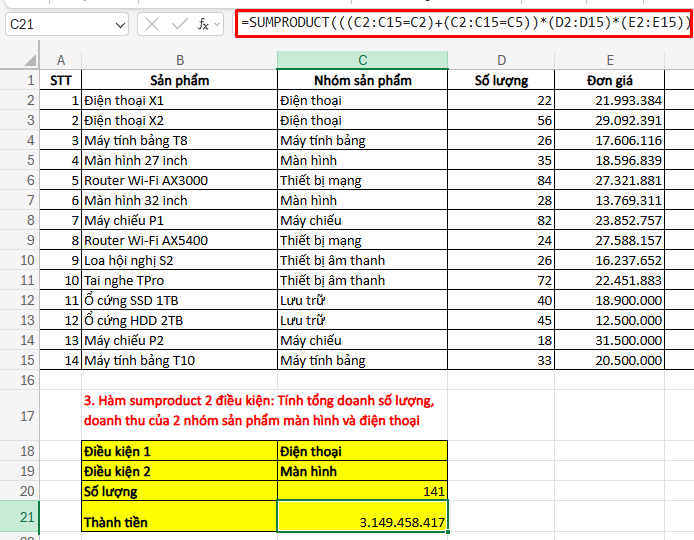 Ví dụ dùng hàm sumproduct tính tổng với 2 điều kiện