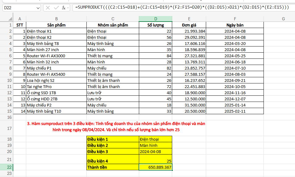 Cách sử dụng hàm sumproduct tính tổng nhiều điều kiện