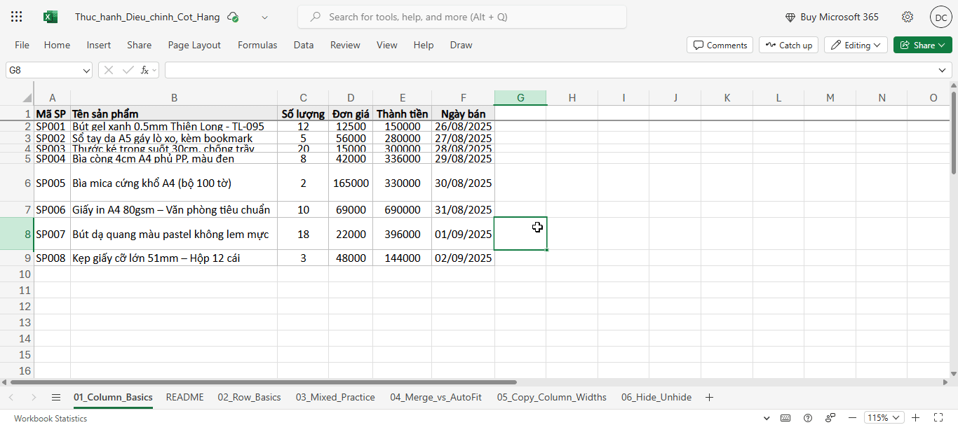 điều chỉnh độ cao hàng dùng phím tắt với AutoFit