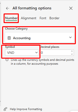 định dạng tiền VND với Accounting trong Format Cells