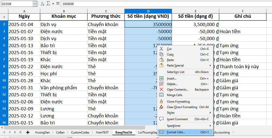 mở Format cells để định dạng số tiền