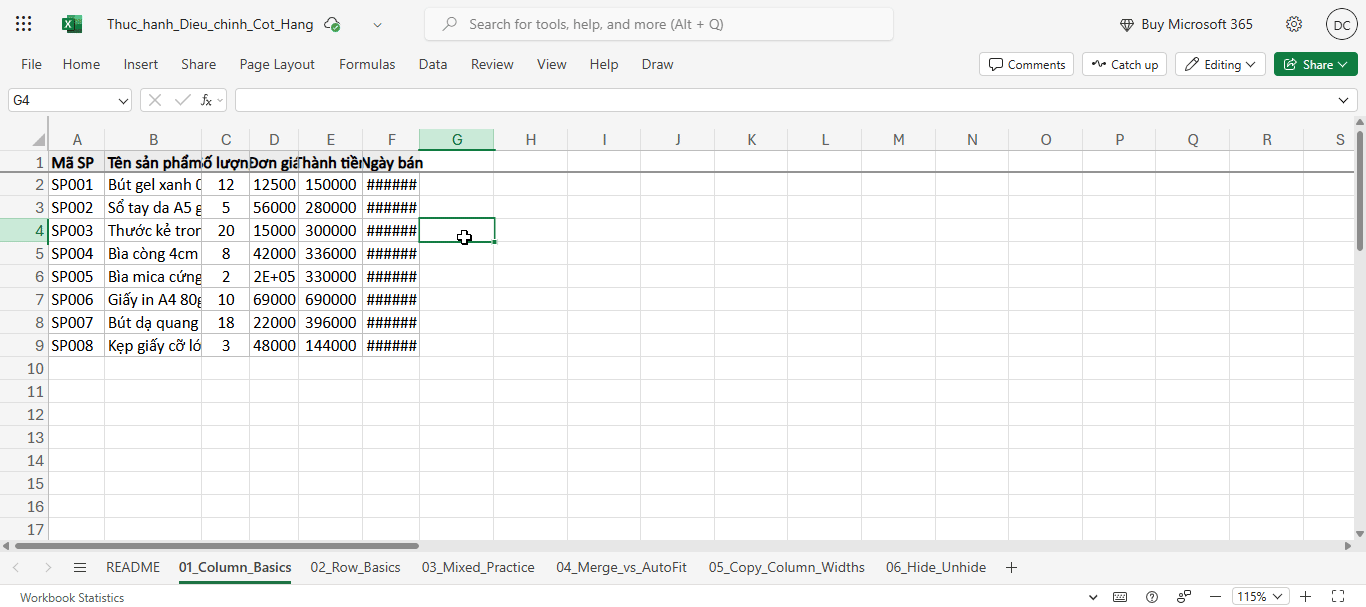 tự động điều chỉnh độ rộng cột Autofit với phím tắt