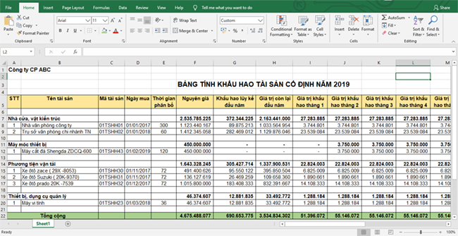 Tải về mẫu file Excel tính khấu hao TSCĐ theo phương pháp đường thẳng