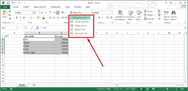 gộp ô trong excel 