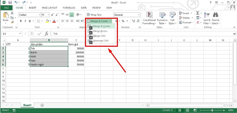 gộp ô trong excel 