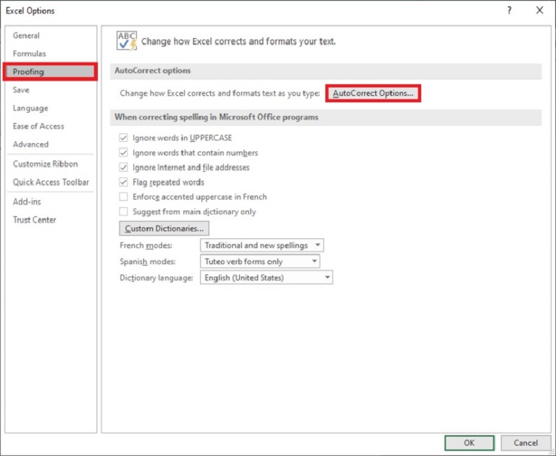 Bấm chọn AutoCorrect Options khi hộp Excel Options xuất hiện