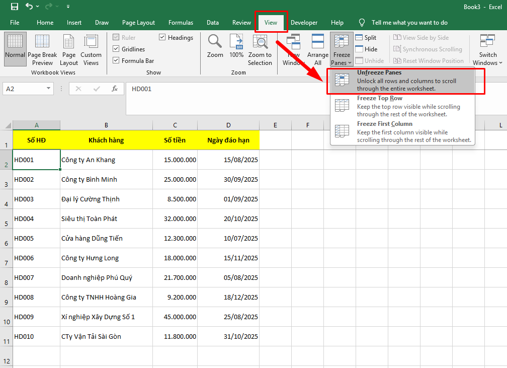 Cách hủy cố định dòng tiêu đề trong excel
