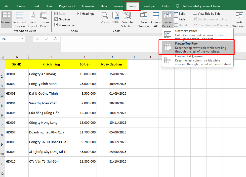 Cách cố định dòng tiêu đề đầu tiên trong excel