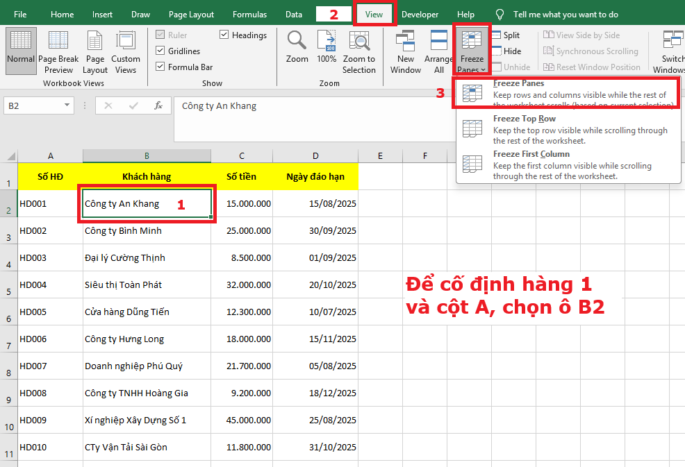 Cách cố định hàng và cột cùng một lúc
