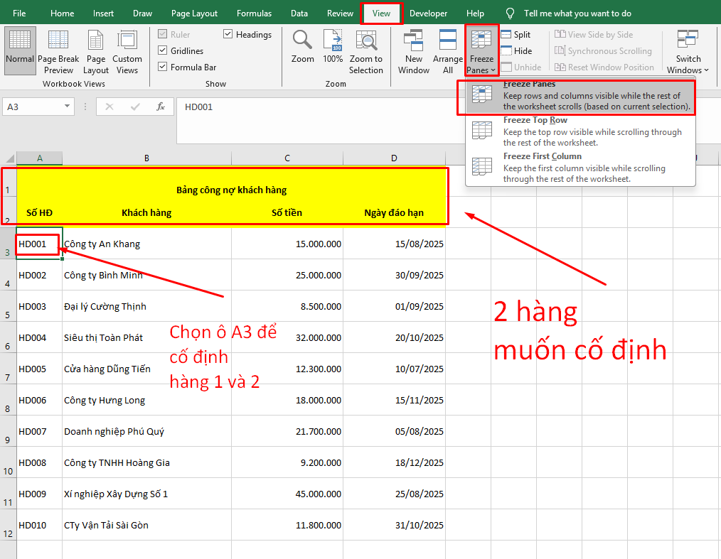 Cách cố định nhiều dòng tiêu đề trong excel