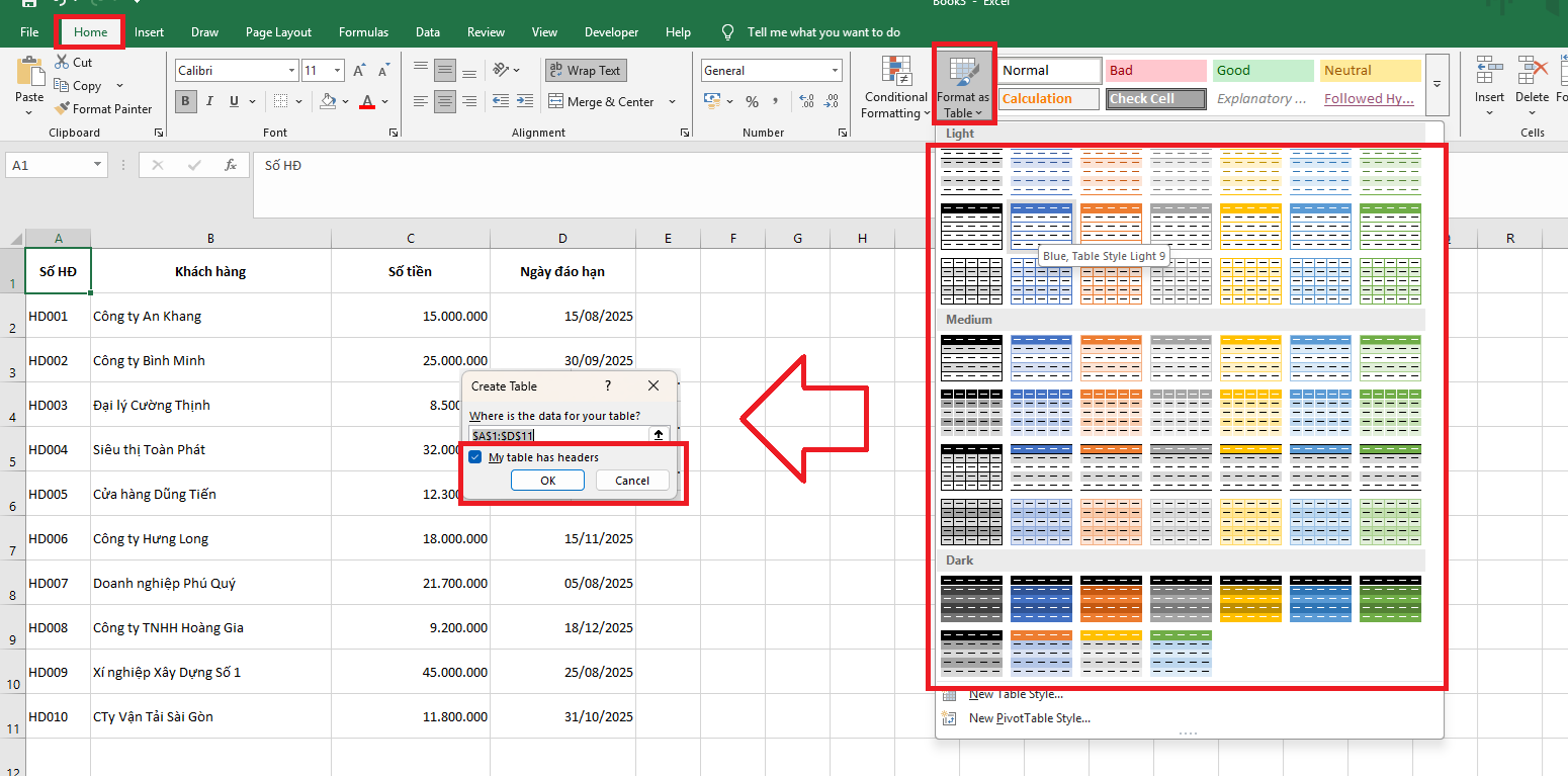 Sử dụng Format as table để cố định dòng tiêu đề