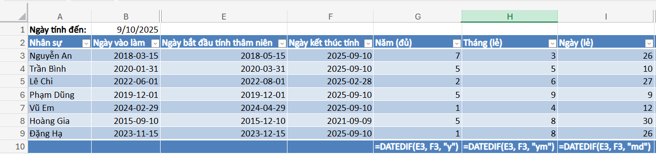 sử dụng hàm DATEDIF để tính số năm tháng ngày