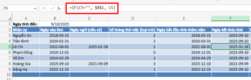 sử dụng hàm để tính thời gian kết thúc tính thâm niên
