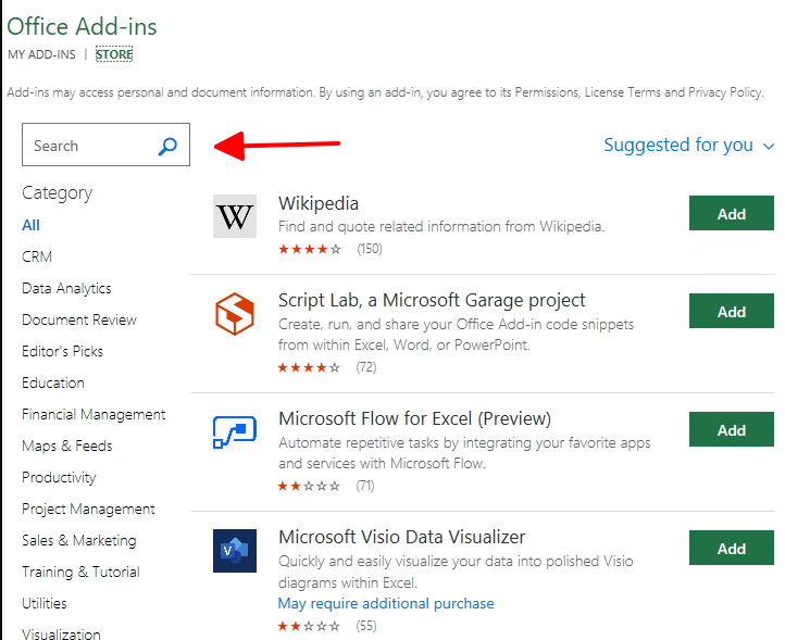 tìm kiếm add-ins trong excel