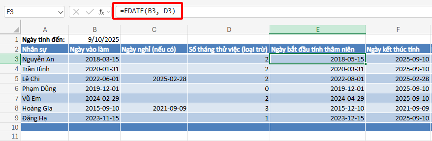 tính ngày vào làm đã trừ đi thời gian thử việc
