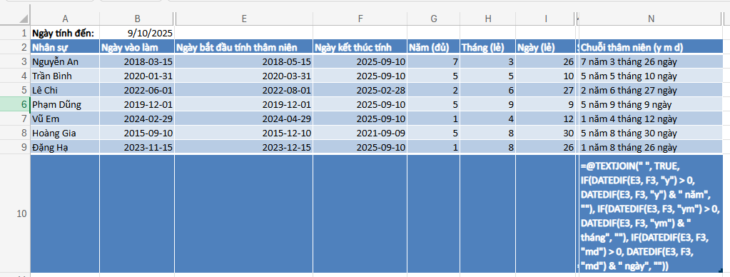 tính thâm niên với hàm datedif
