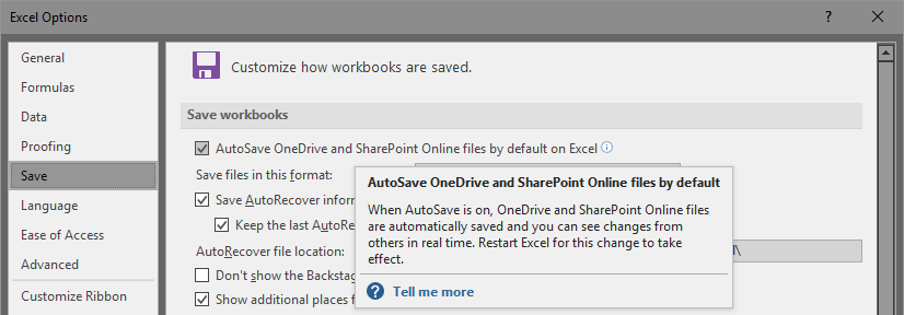 bỏ chọn autosave onedrive and sharePoint online files by default on excel
