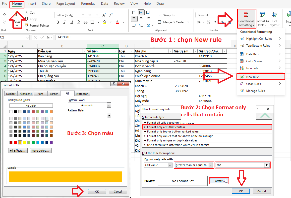 Cách lọc số âm dương trong Excel bằng Conditional Formatting