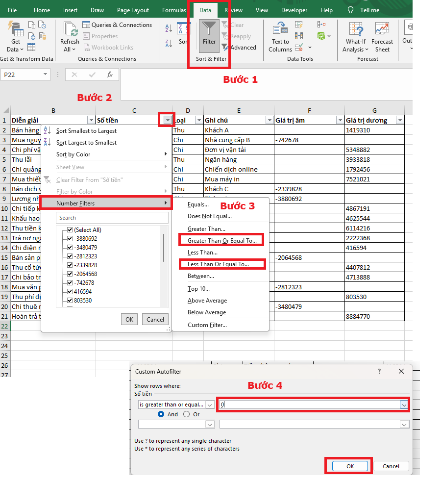 Cách lọc số âm dương trong excel bằng Filter