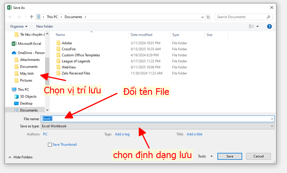 cài đặt tên, vị trị và loại file excel khi lưu