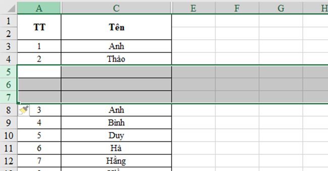 Danh sách các phím tắt chèn thêm dòng trong Excel