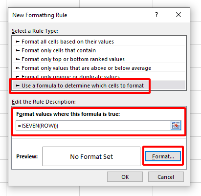 công thức để tô màu xen kẽ với conditional formatting