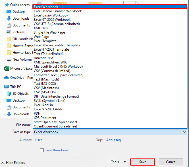 lưu file ở dạng xlsx