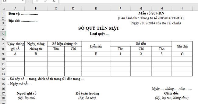 Mời bạn đọc tải về mẫu file Excel sổ quỹ tiền mặt trong doanh nghiệp