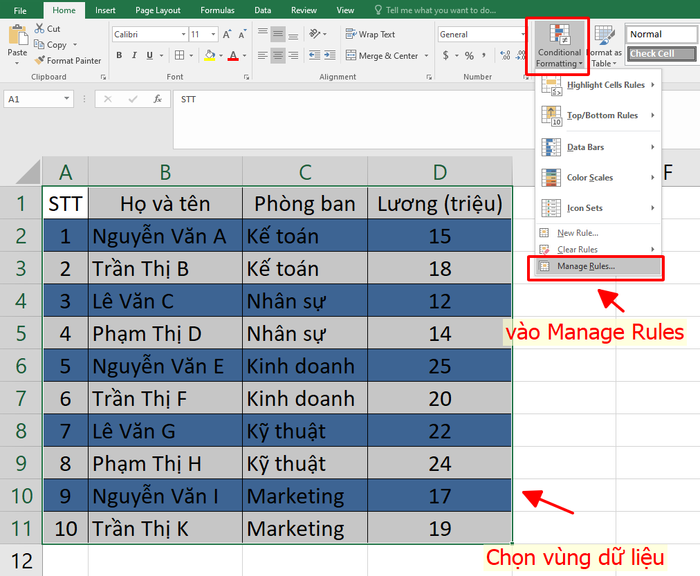 tùy chỉnh màu sắc tô màu xen kẽ với conditonal formatting