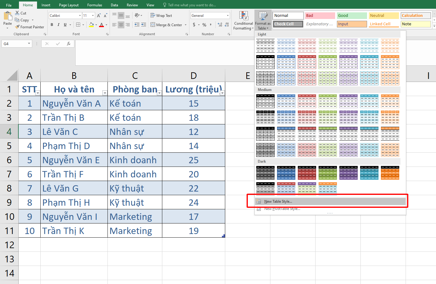 vào tùy chỉnh màu xen kẽ với table design