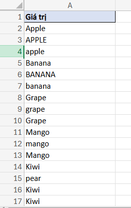 bảng dữ liệu màu tô màu ô trùng phân biệt chữ hoa và thường