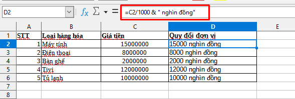 Ghi đơn vị tính thành nghìn đồng trong excel bằng công thức