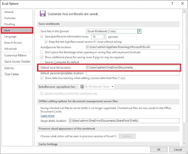 vị trí lưu file Excel 