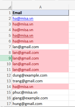 kết quả tô màu ô trùng giá trị từ ô thứ 2 trở đi