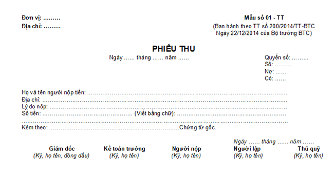 Tải về mẫu phiếu thu (file Excel) theo Thông tư 200 và Thông tư 133