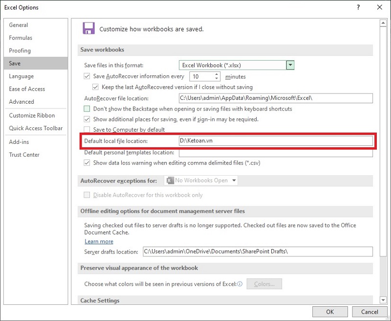 vị trí lưu file Excel 