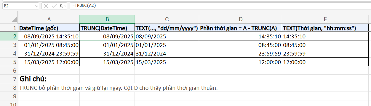 ví dụ hàm TRUNC để cắt bỏ thời gian