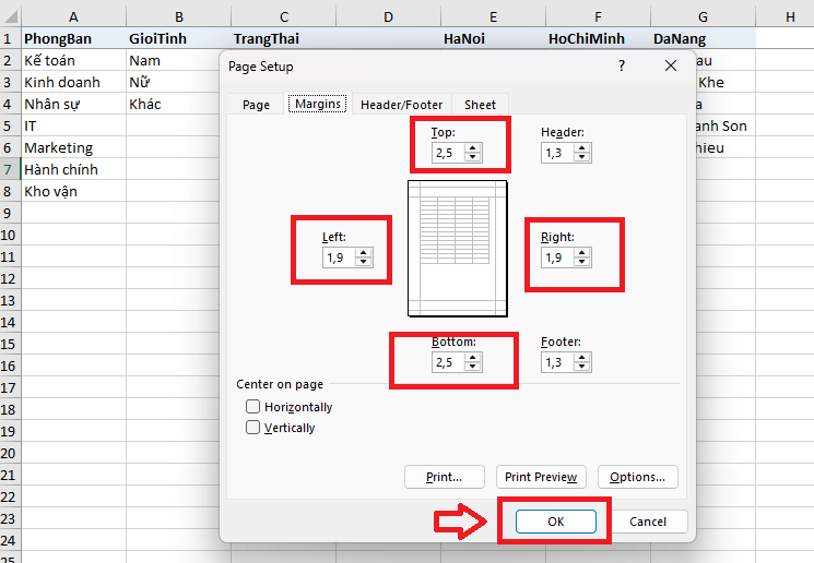 Điền kích thước lề trên, dưới, trái, phải theo mong muốn