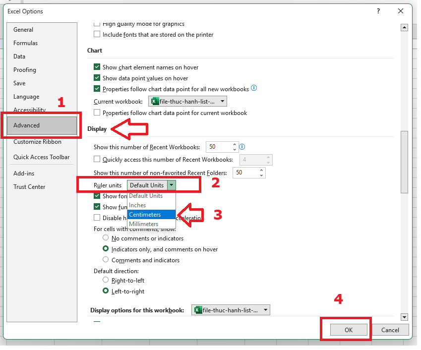 Chọn advanced > chọn centimeters để đổi đơn vị đo