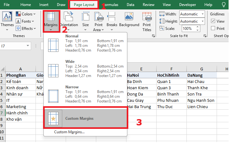 Chọn Page layout rồi chọn Custom Margins