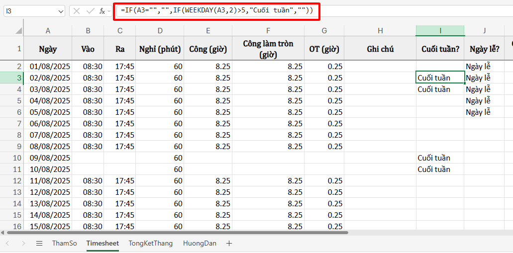 công thức đánh dấu ngày cuối tuần